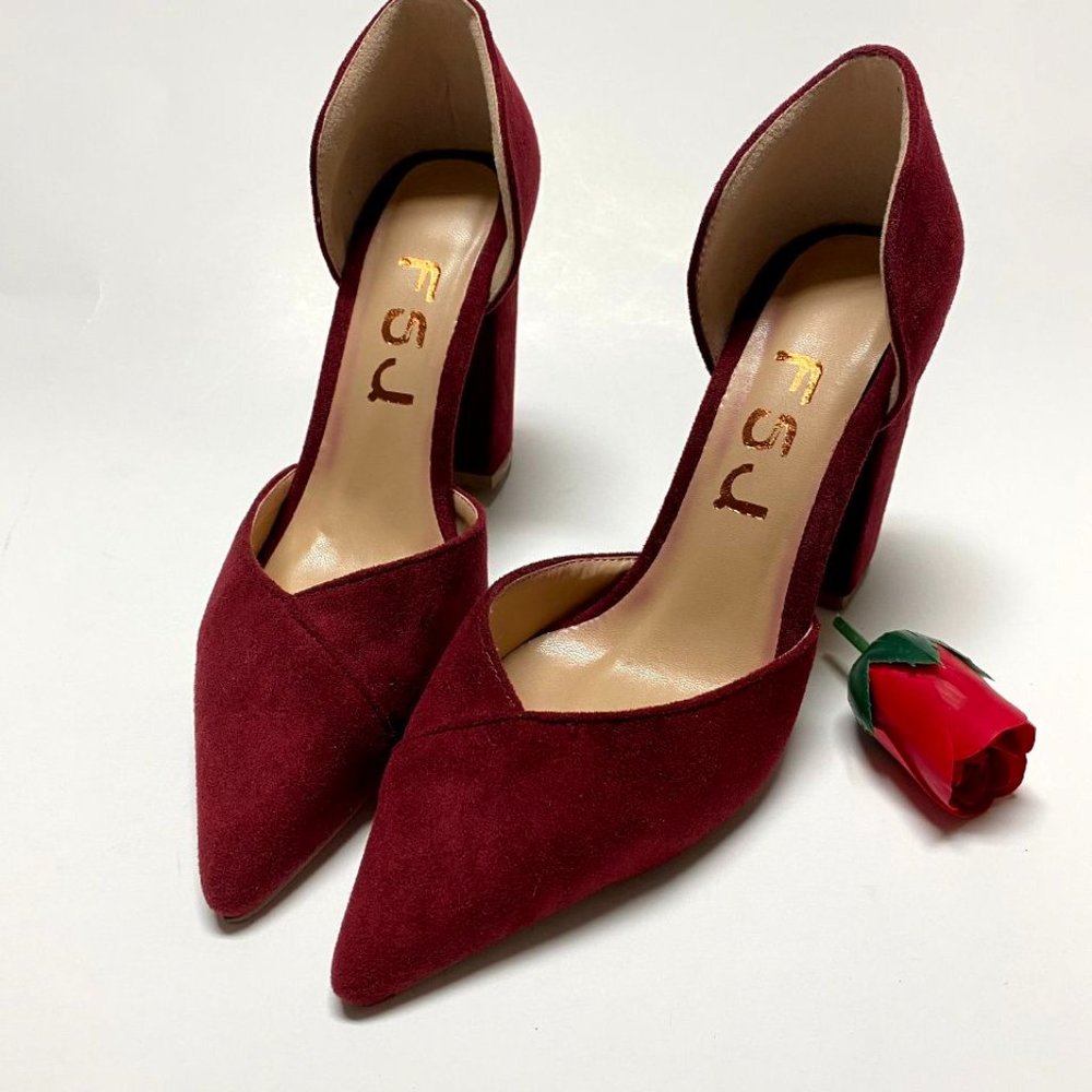 FSJ Pointed Toe High Chunky Heel Slip On Pumps
